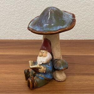 Reading Gnome Under The Mushroom Glazed Studio Art Pottery Figurine Garden Decor